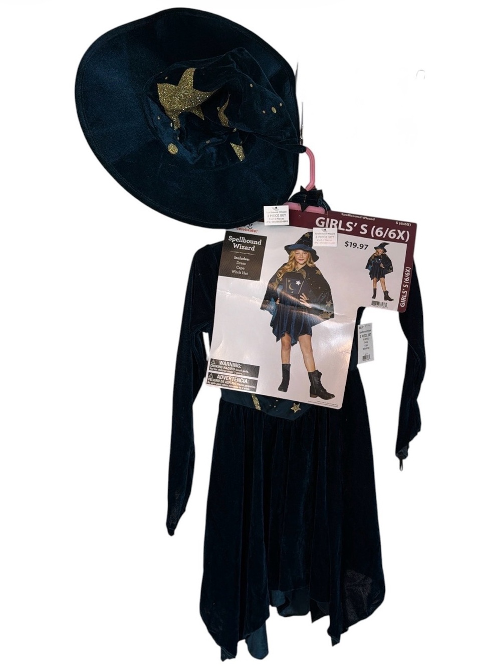 Girls' Spellbound Wizard Dress & Hat Costume - Teal color with Gold Stars S 6/6X